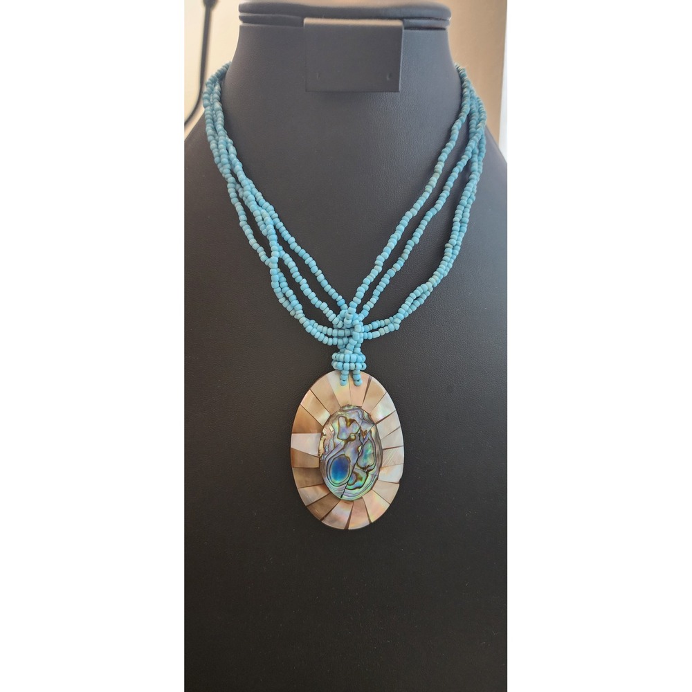 Turquoise Seed Bead Multi Strand Necklace Abalone Mother of Pearl Shell Pendant
